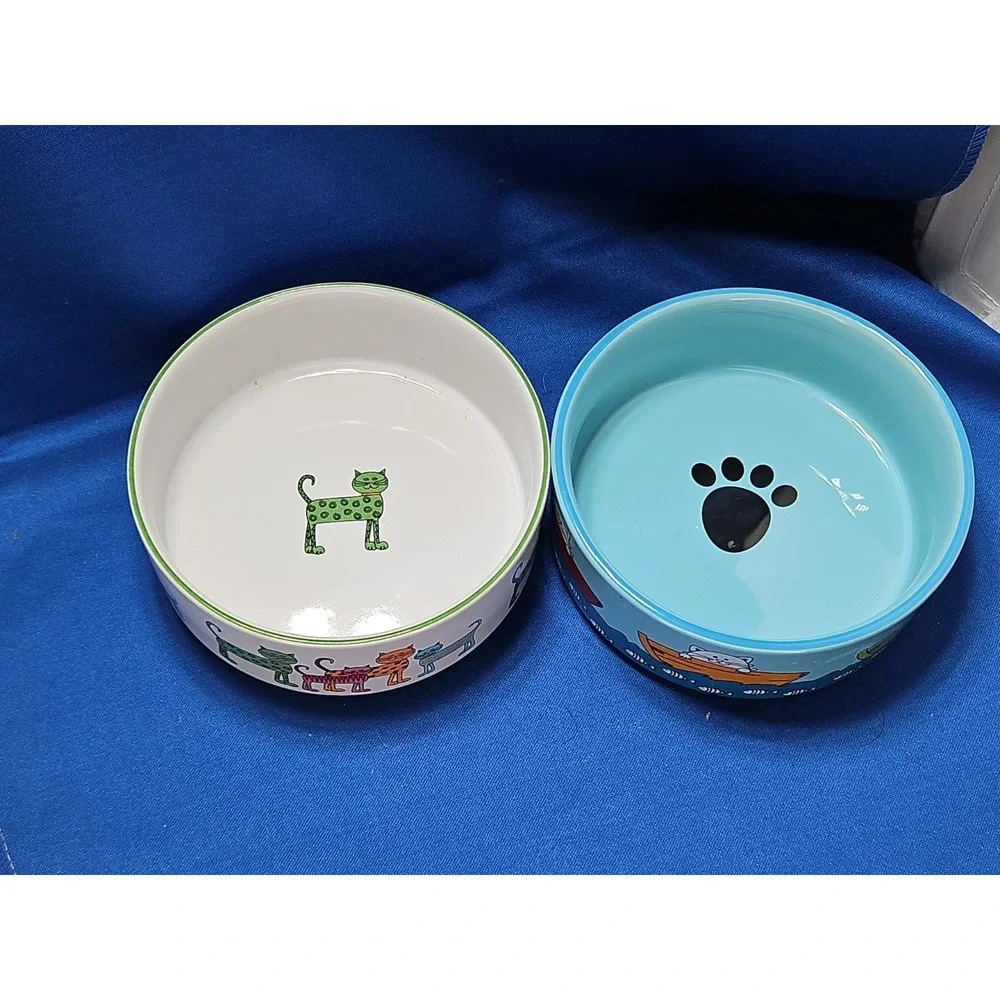2 Whisker City Cat Food Water Bowl Dish Fishing Whimsical Abstract Cats